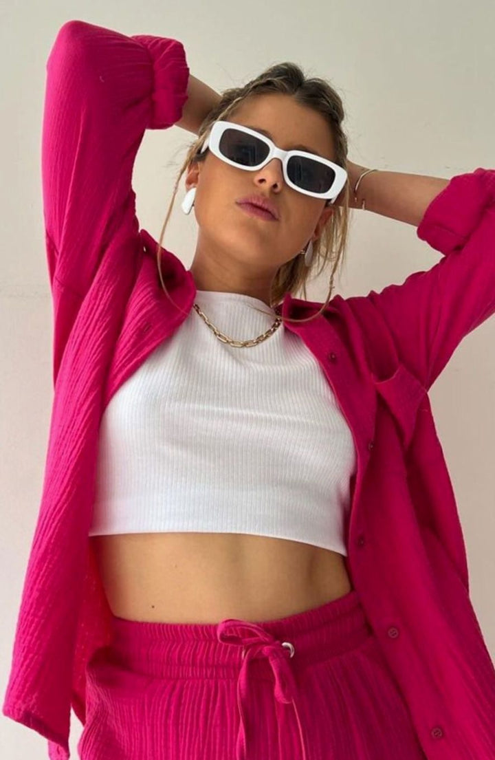 Women's Relaxed-Fit Button-Down Shirt Shorts Two-Piece Set - Dark Pink
