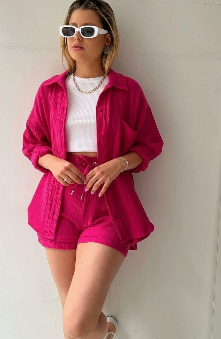 Women's Relaxed-Fit Button-Down Shirt Shorts Two-Piece Set - Dark Pink