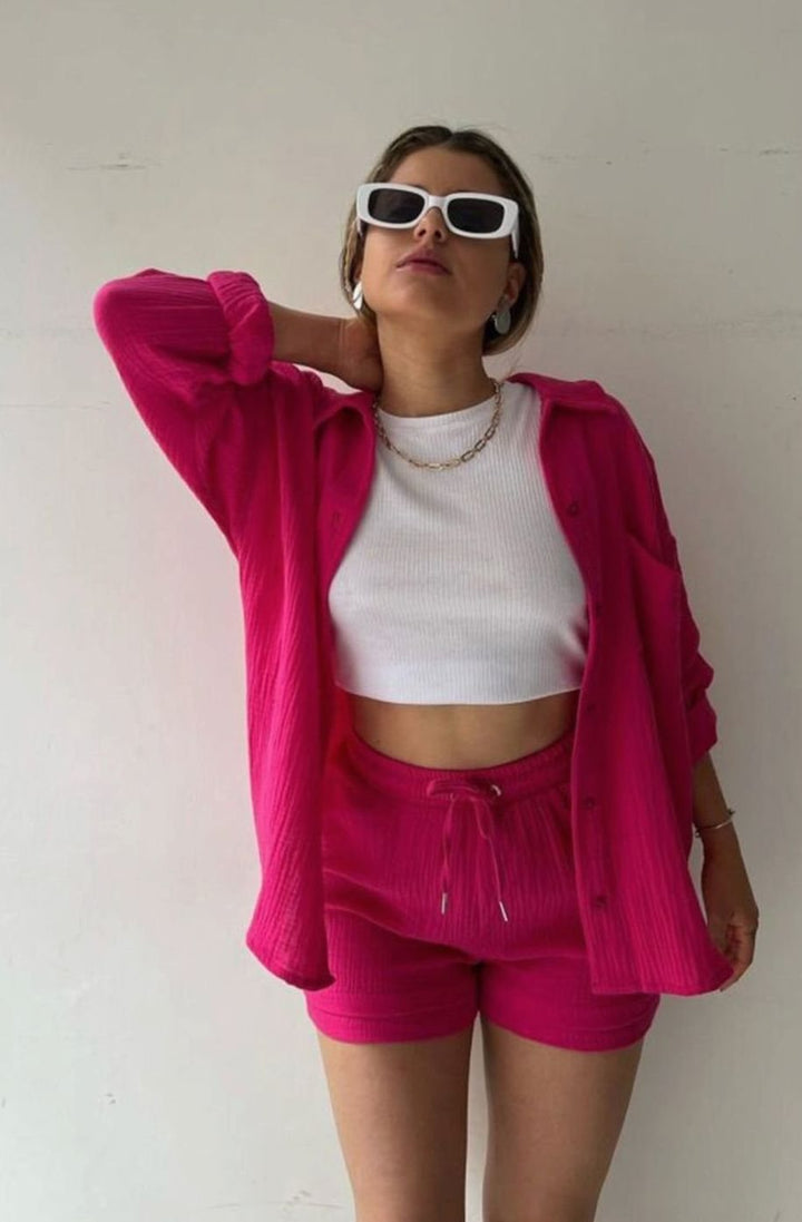 Women's Relaxed-Fit Button-Down Shirt Shorts Two-Piece Set - Dark Pink