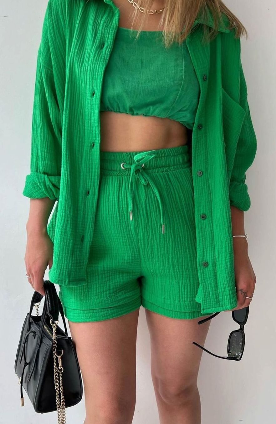 Women's Relaxed-Fit Button-Down Shirt Shorts Two-Piece Set - Green