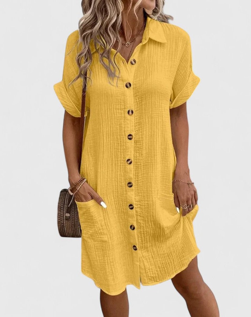 Women's Relaxed-Fit Button-Down Short Sleeve Shirt Dress - Yellow