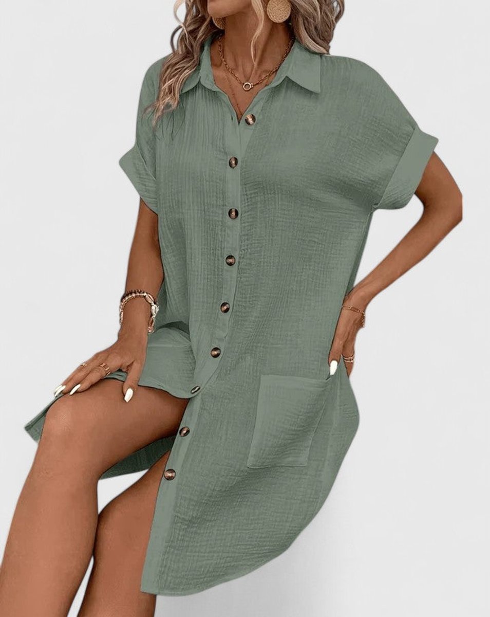Women's Relaxed-Fit Button-Down Short Sleeve Shirt Dress