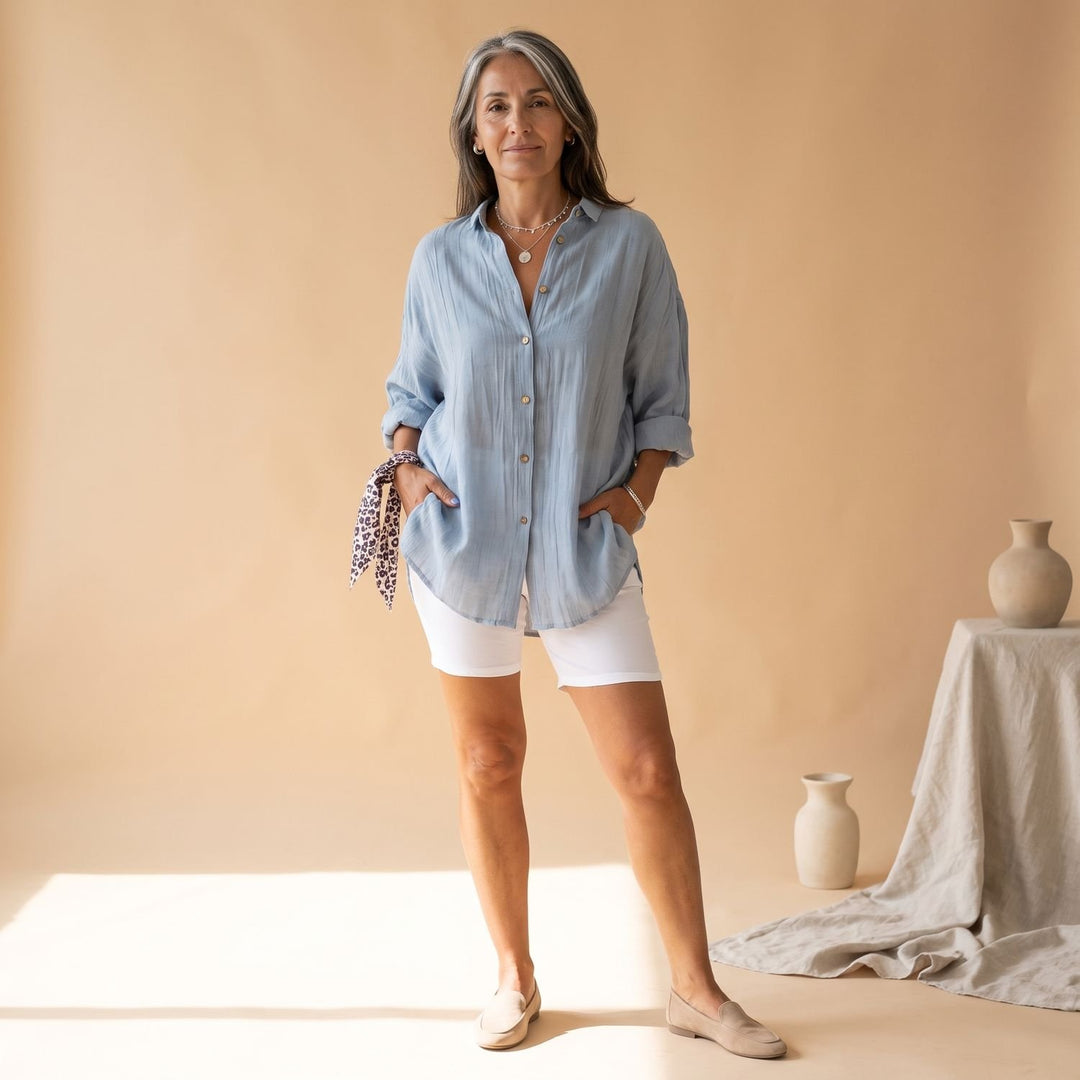 Women's Relaxed-Fit Button-Down Textured Blouse - Blue