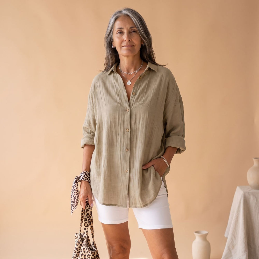 Women's Relaxed-Fit Button-Down Textured Blouse - Brown
