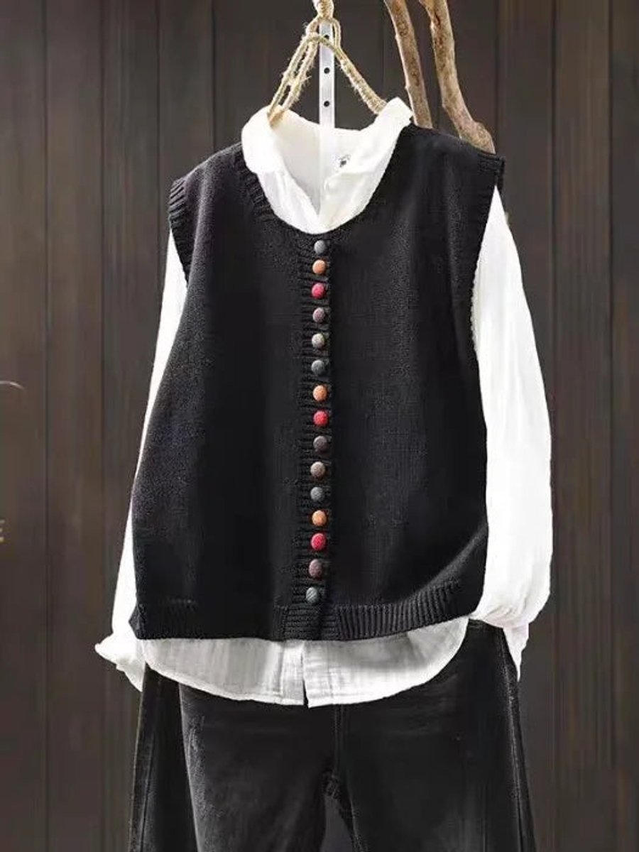 Women's Relaxed-Fit Button-Front Knit Sweater Vest - Black