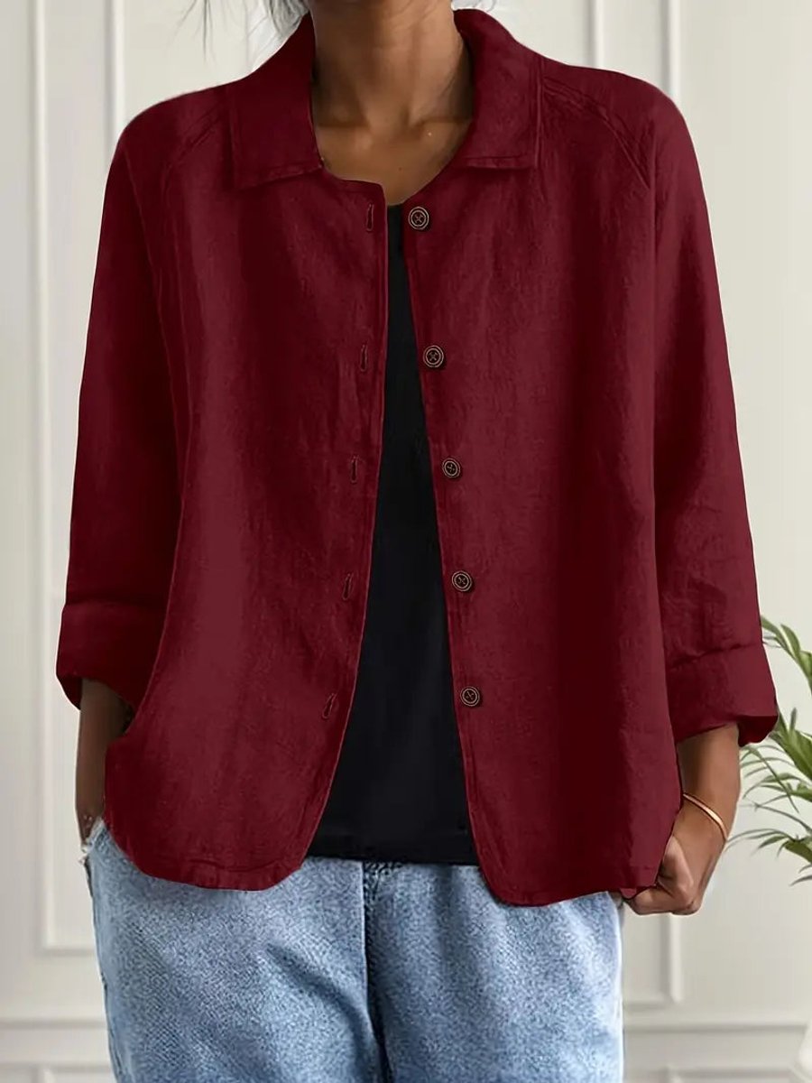 Women's Relaxed-Fit Button-Front Lightweight Collared Shirt - Red