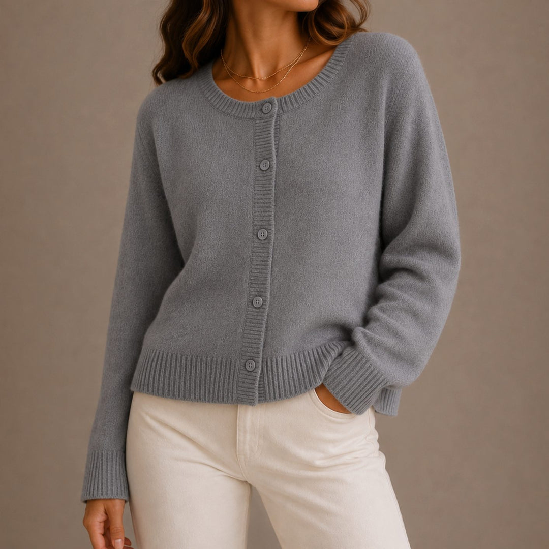 Women's Relaxed-Fit Button-Up Round-Neck Knit Cardigan - Gray