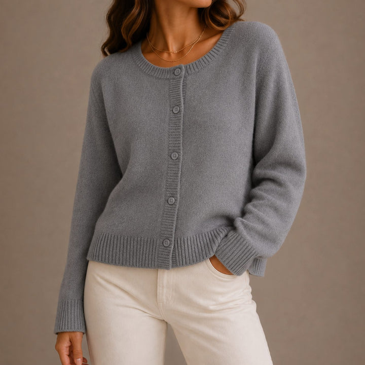 Women's Relaxed-Fit Button-Up Round-Neck Knit Cardigan - Gray
