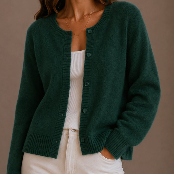 Women's Relaxed-Fit Button-Up Round-Neck Knit Cardigan - Green