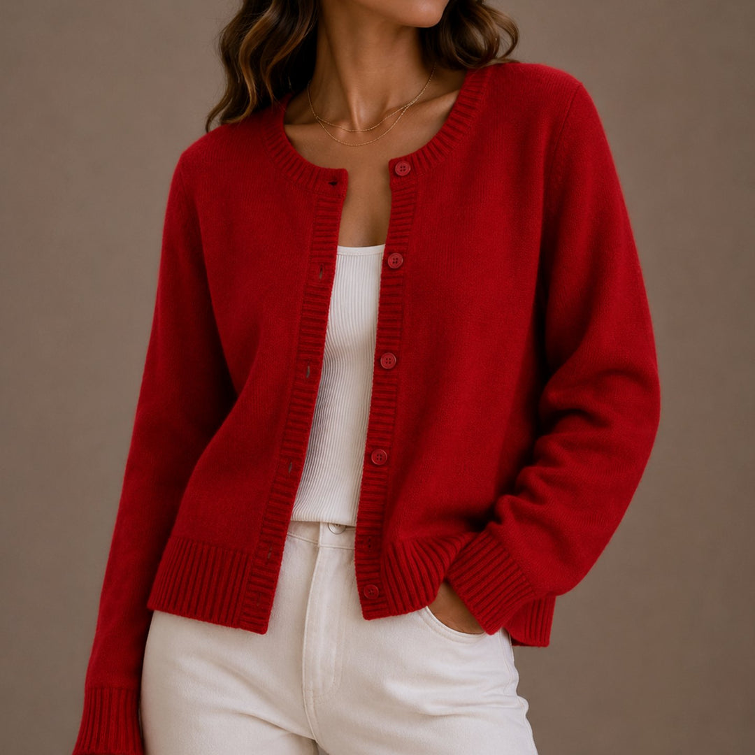 Women's Relaxed-Fit Button-Up Round-Neck Knit Cardigan - Red