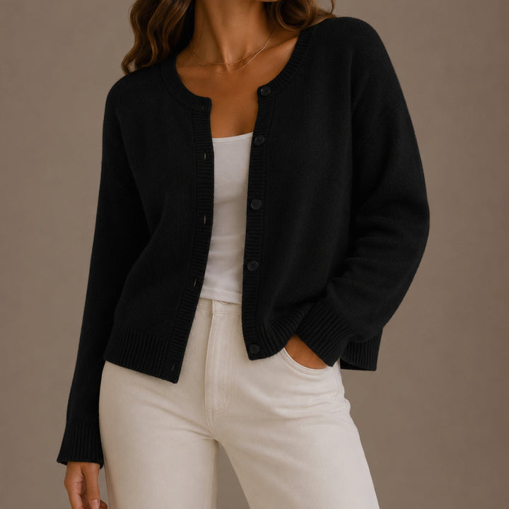 Women's Relaxed-Fit Button-Up Round-Neck Knit Cardigan - Black