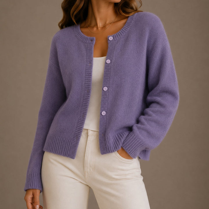 Women's Relaxed-Fit Button-Up Round-Neck Knit Cardigan - Purple