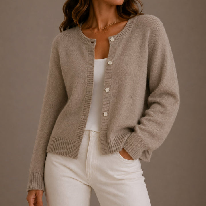 Women's Relaxed-Fit Button-Up Round-Neck Knit Cardigan - Beige