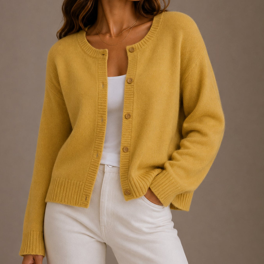 Women's Relaxed-Fit Button-Up Round-Neck Knit Cardigan - Yellow