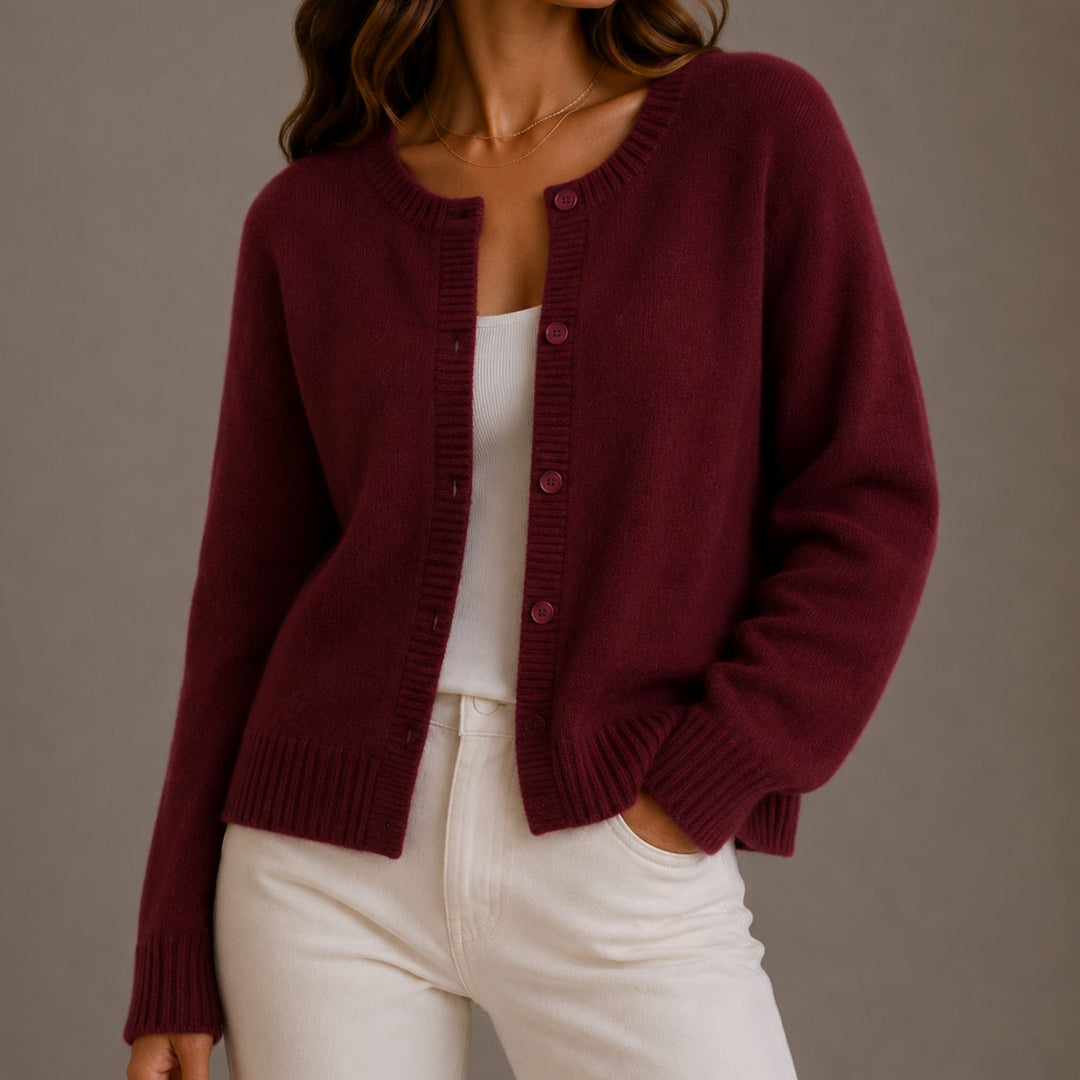 Women's Relaxed-Fit Button-Up Round-Neck Knit Cardigan - Red Carpet
