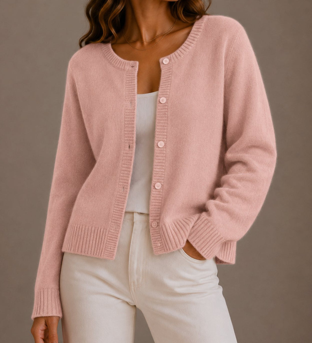 Women's Relaxed-Fit Button-Up Round-Neck Knit Cardigan - Pink