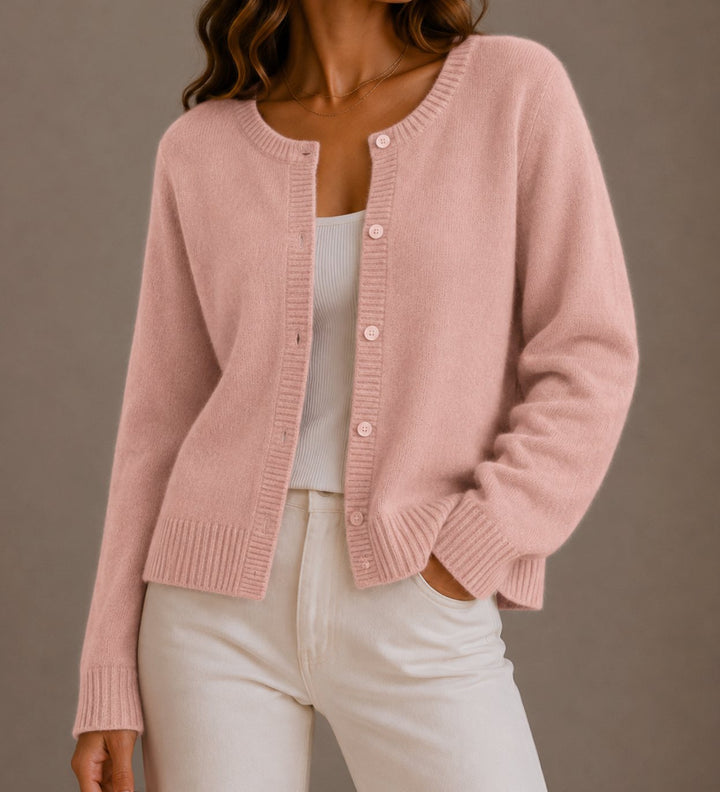Women's Relaxed-Fit Button-Up Round-Neck Knit Cardigan - Pink