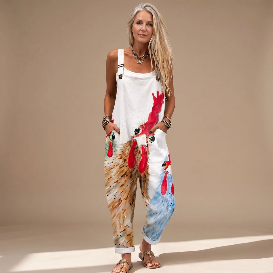 Women's Relaxed-Fit Chicken Print Sleeveless Bib Jumpsuit