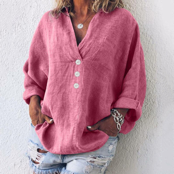Women's Relaxed-Fit Cotton Linen Button-Up Sweater Top - Pink