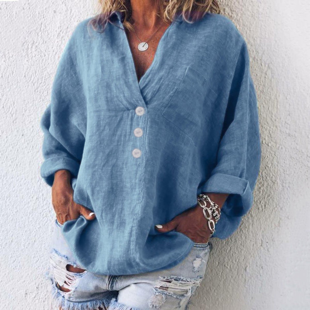 Women's Relaxed-Fit Cotton Linen Button-Up Sweater Top - Blue
