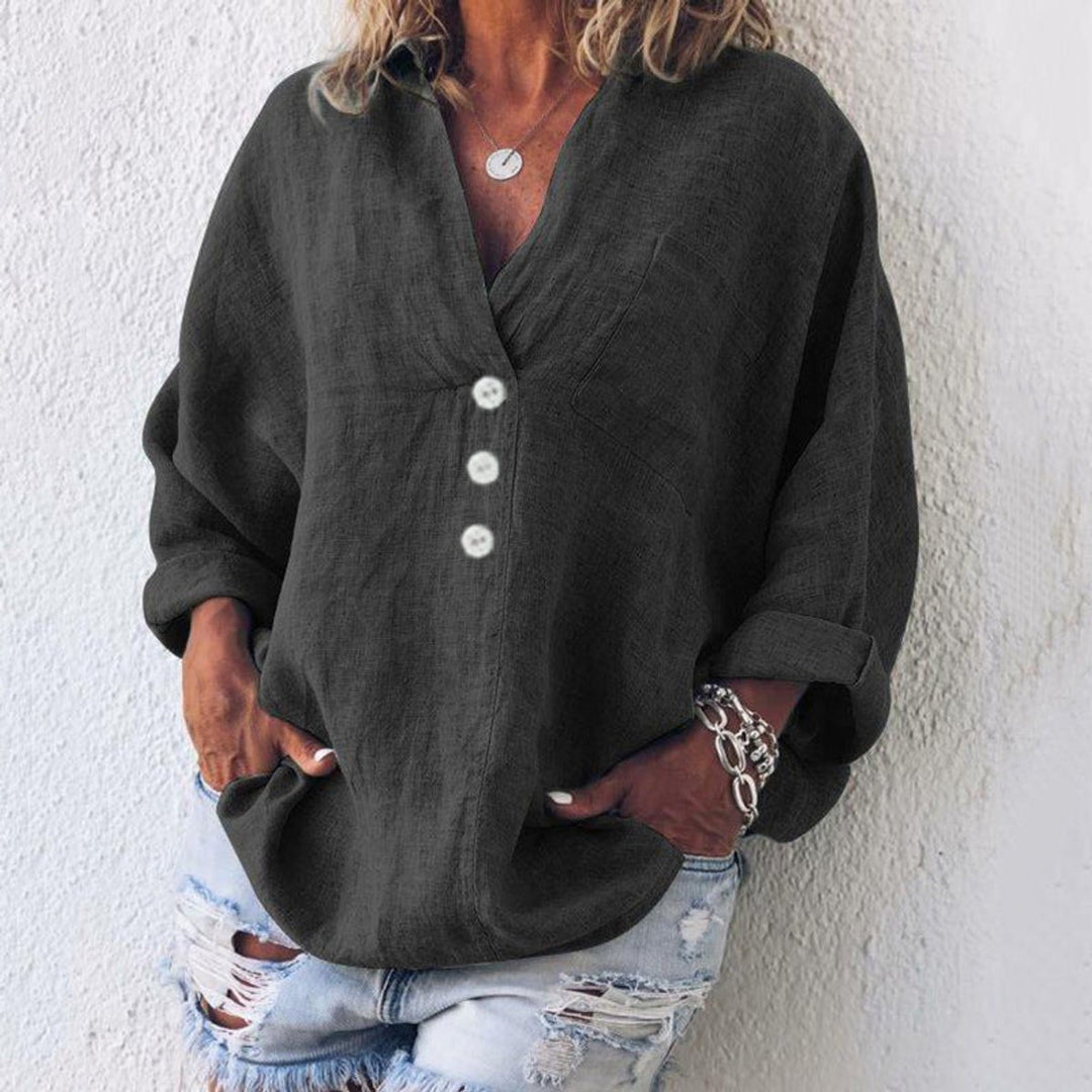 Women's Relaxed-Fit Cotton Linen Button-Up Sweater Top - Black