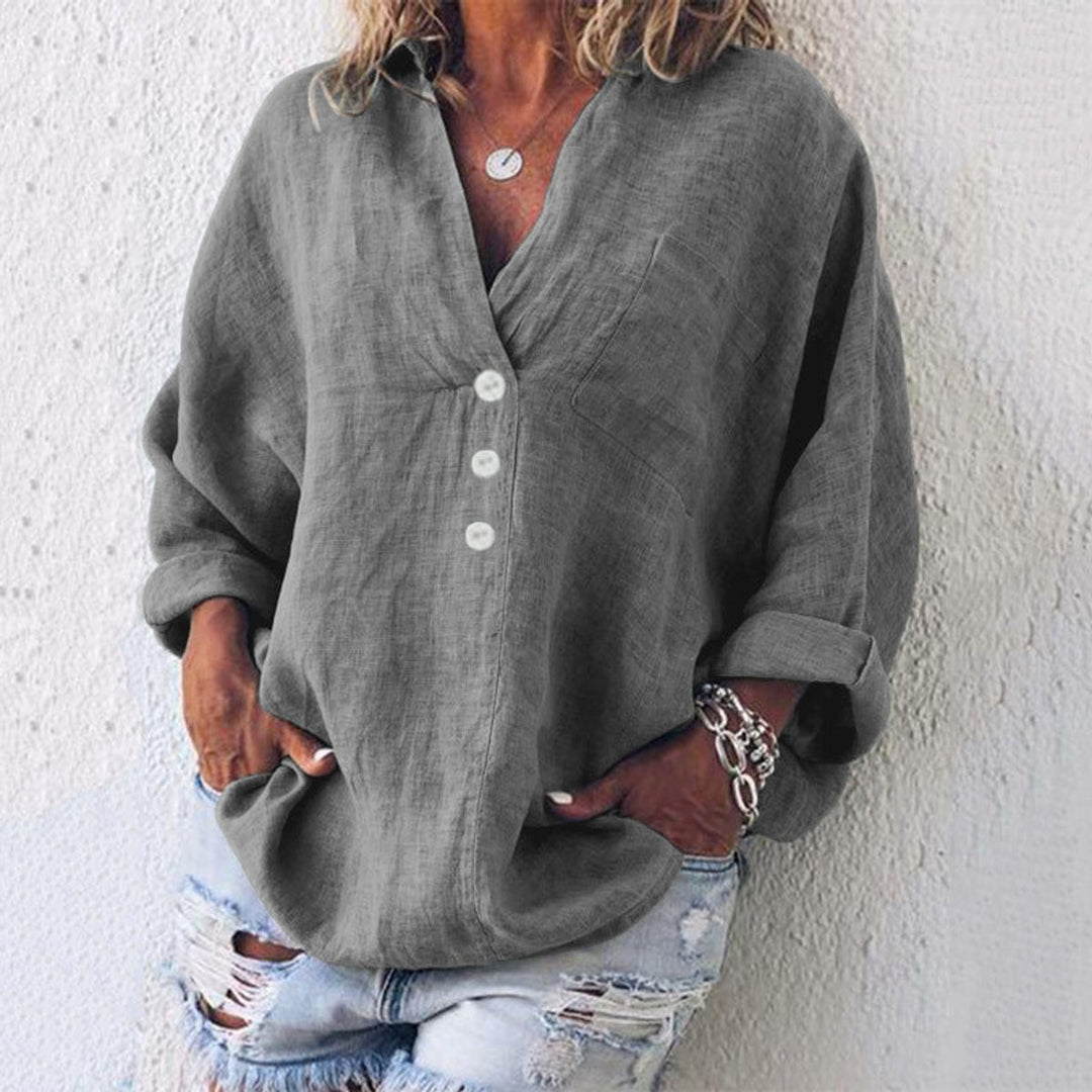 Women's Relaxed-Fit Cotton Linen Button-Up Sweater Top - Gray