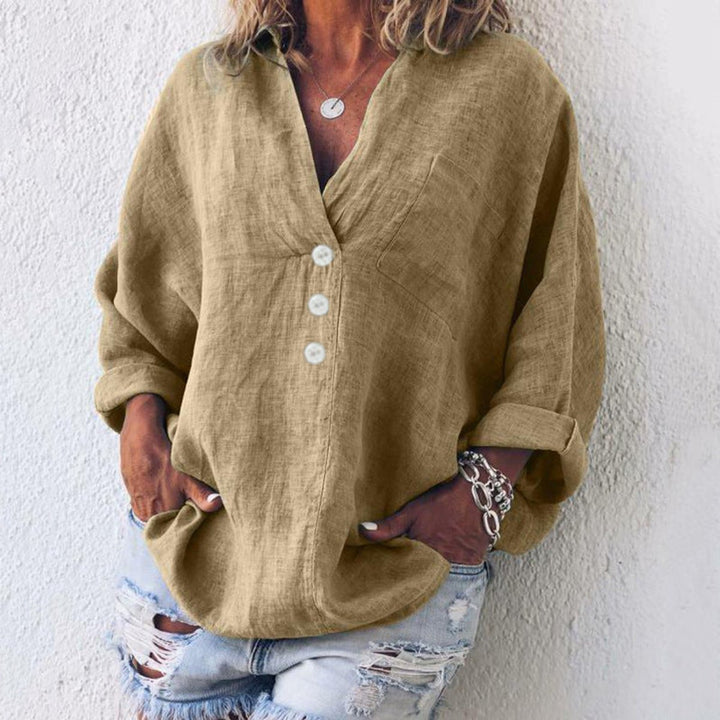 Women's Relaxed-Fit Cotton Linen Button-Up Sweater Top - Khaki