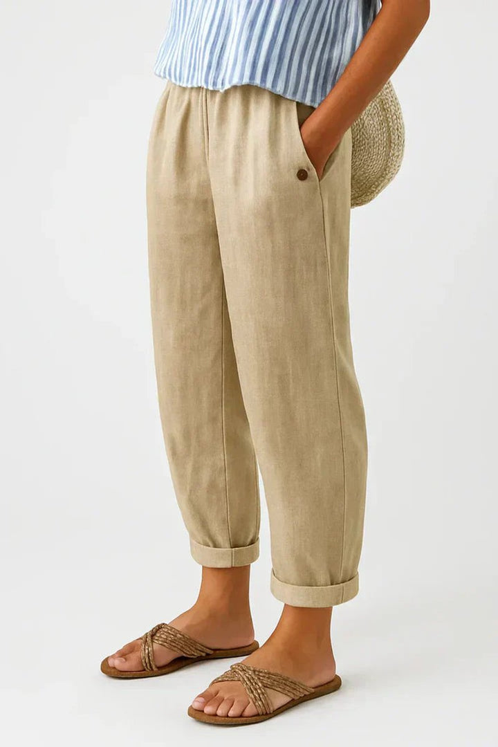 Women's Relaxed-Fit Elastic-Waist Cuffed Linen Casual Pants - Beige