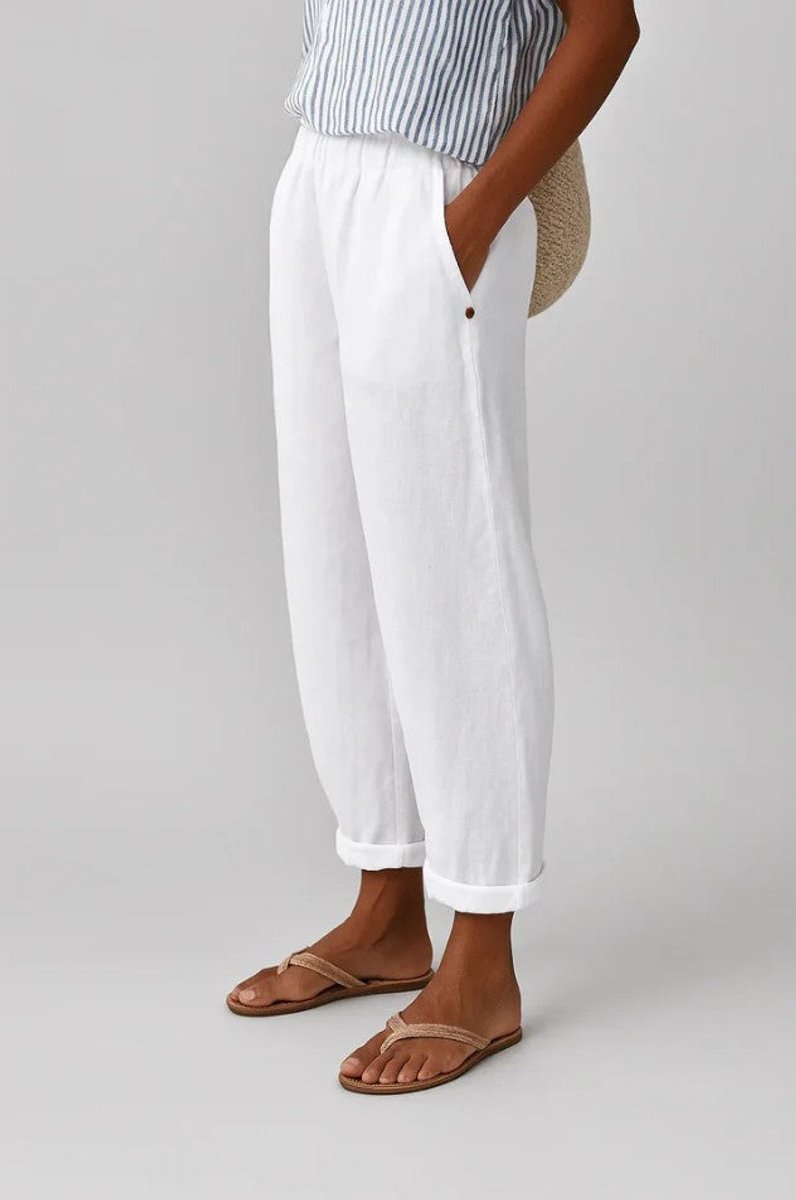 Women's Relaxed-Fit Elastic-Waist Cuffed Linen Casual Pants - White