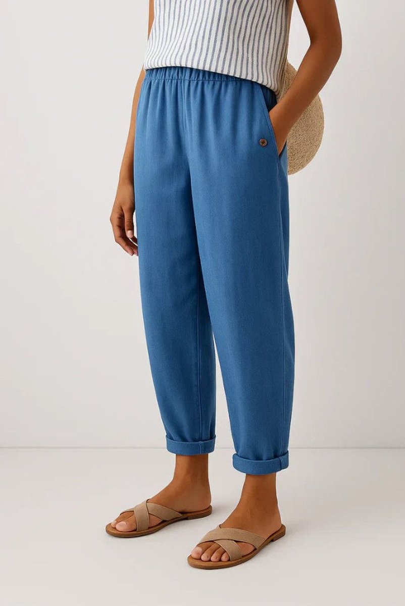Women's Relaxed-Fit Elastic-Waist Cuffed Linen Casual Pants - Blue