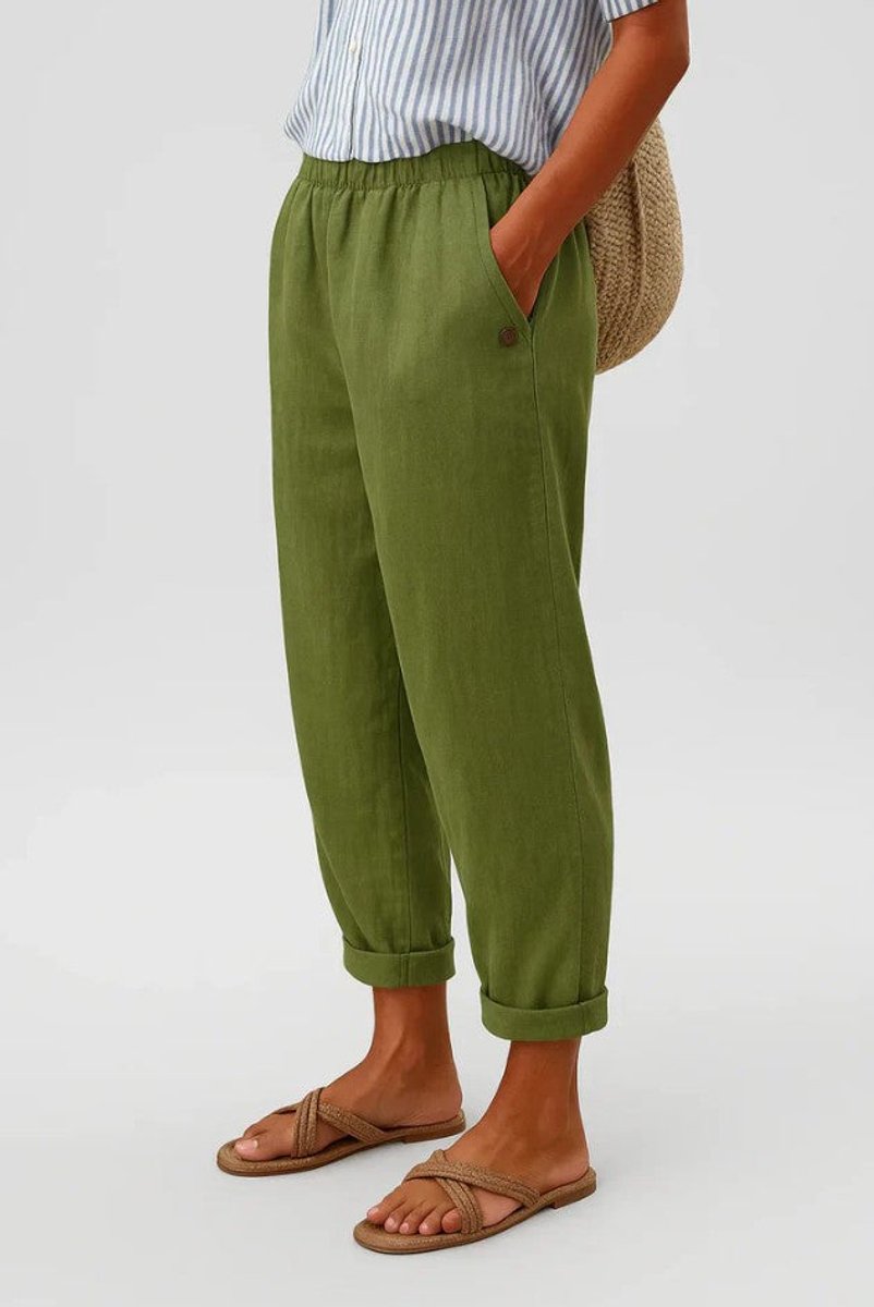 Women's Relaxed-Fit Elastic-Waist Cuffed Linen Casual Pants - Olive Green