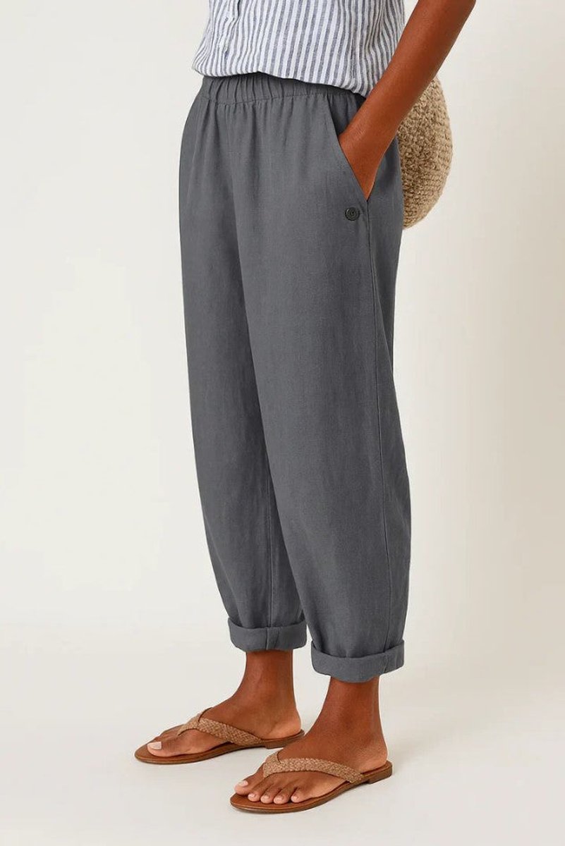 Women's Relaxed-Fit Elastic-Waist Cuffed Linen Casual Pants - Dark Gray