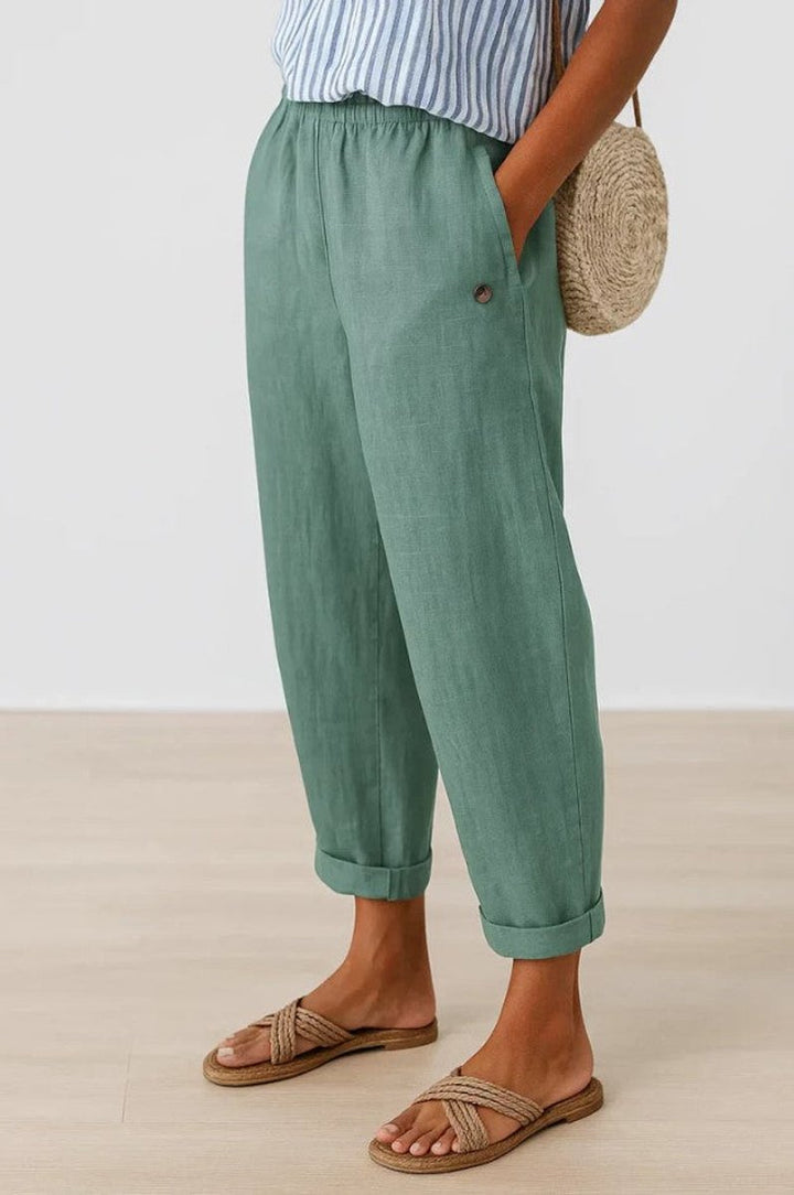 Women's Relaxed-Fit Elastic-Waist Cuffed Linen Casual Pants - Turquoise