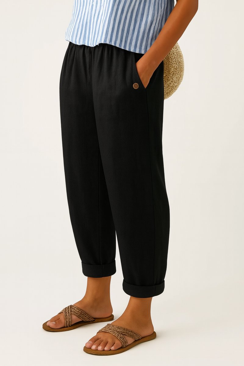 Women's Relaxed-Fit Elastic-Waist Cuffed Linen Casual Pants - Black