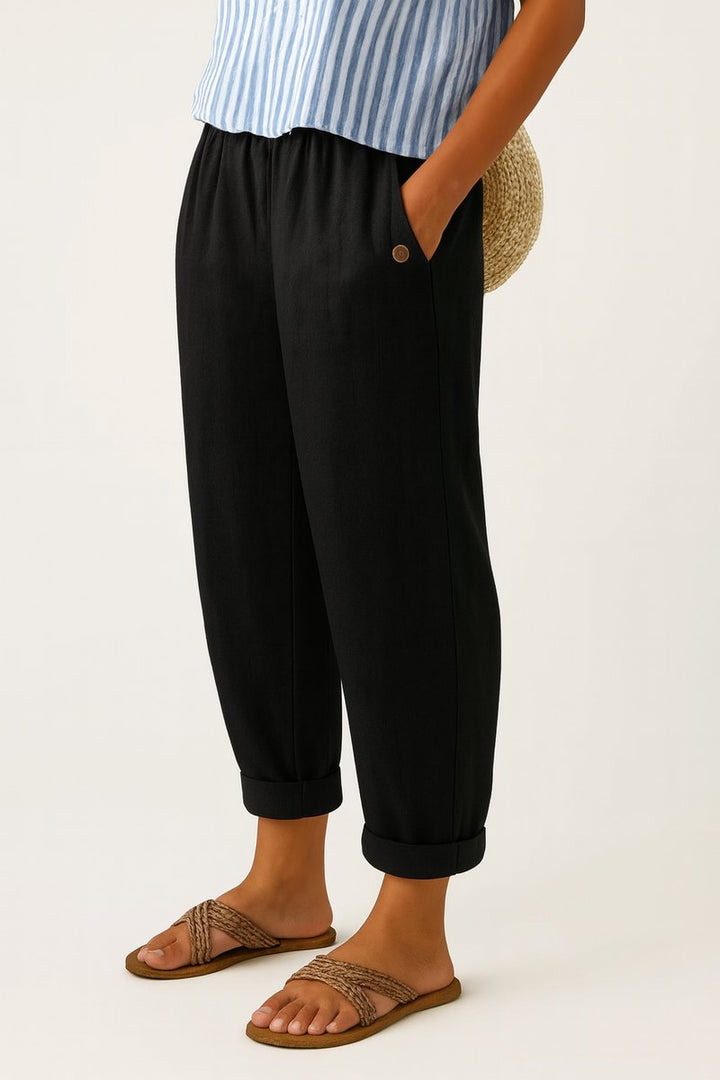 Women's Relaxed-Fit Elastic-Waist Cuffed Linen Casual Pants - Black