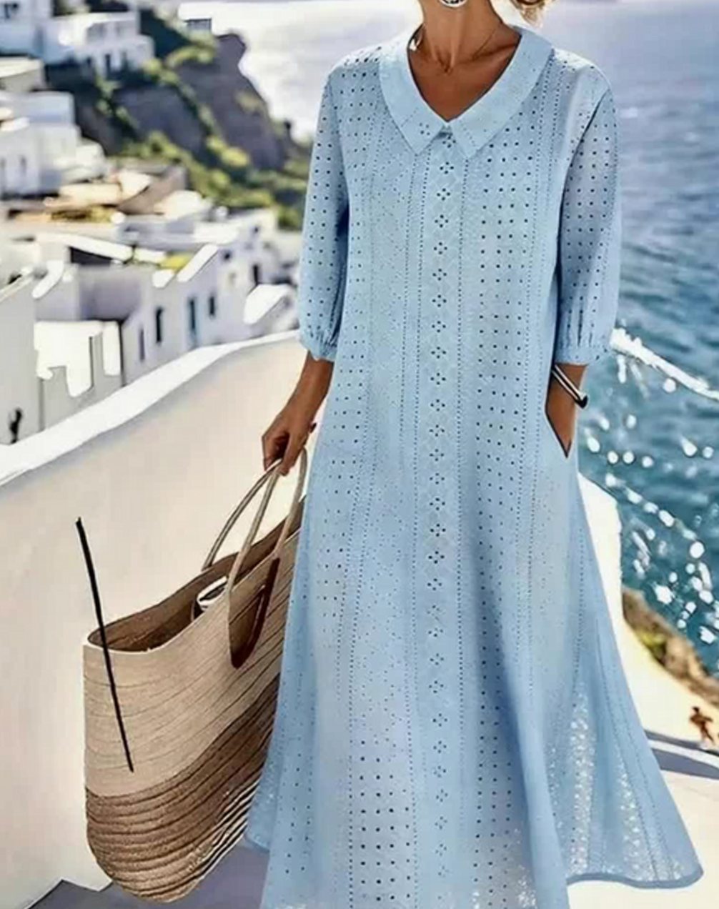 Women's Relaxed-Fit Eyelet Hollow Half-Sleeve V-Neck Midi Dress - Blue