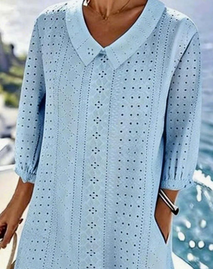 Women's Relaxed-Fit Eyelet Hollow Half-Sleeve V-Neck Midi Dress