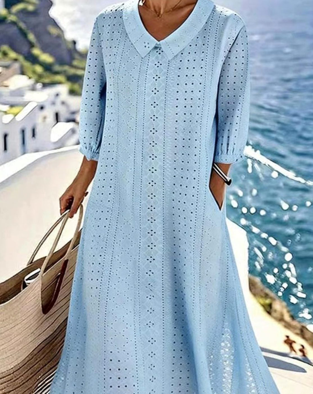 Women's Relaxed-Fit Eyelet Hollow Half-Sleeve V-Neck Midi Dress