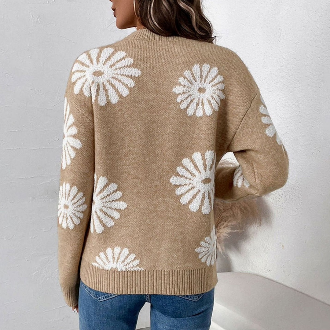 Women's Relaxed-Fit Floral Intarsia Crewneck Knit Sweater
