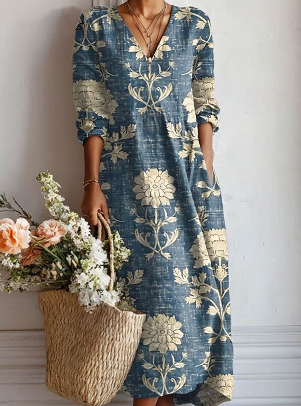 Women's Relaxed-Fit Floral Long Sleeve Dress V-Neck Maxi - Blue