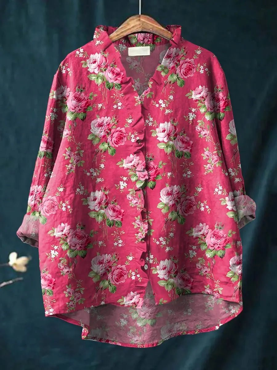Women's Relaxed-Fit Floral Ruffle-Trim Linen Blouse