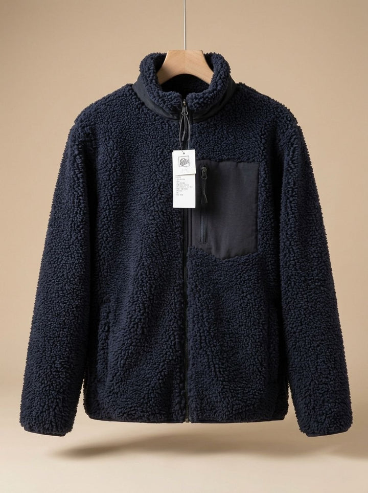 Women's Relaxed-Fit Full Zip-Up Sherpa Fleece Jacket, Beige - Navy Blue