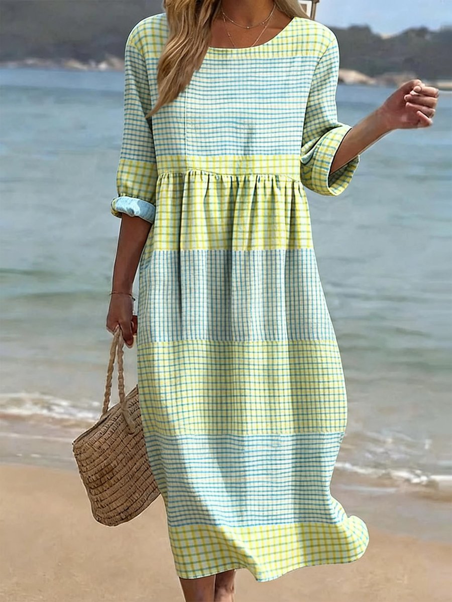 Women's Relaxed-Fit Half-Sleeve Printed Crew-Neck Midi Dress - Checkered