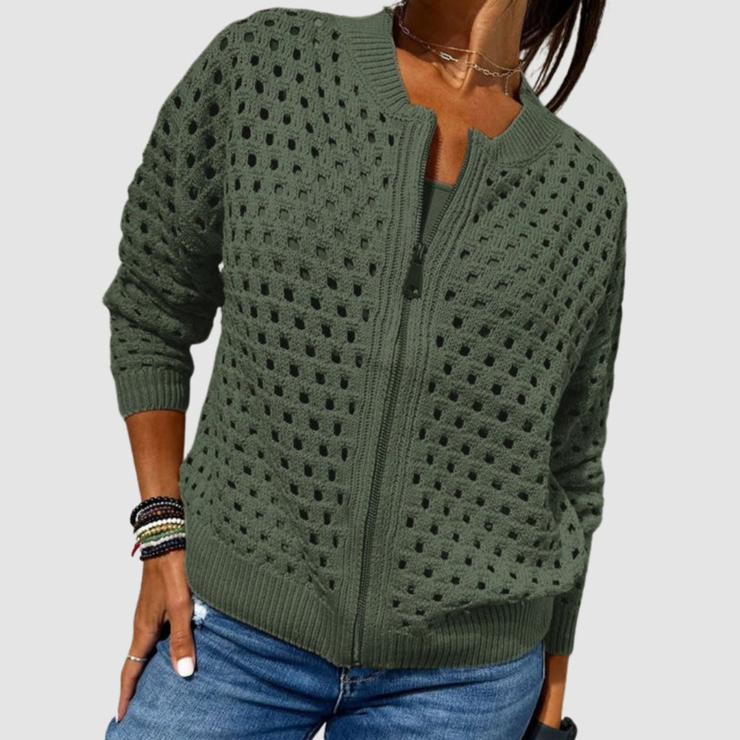 Women's Relaxed-Fit Hollow-Knit Zip-Up Cardigan Sweater - Green