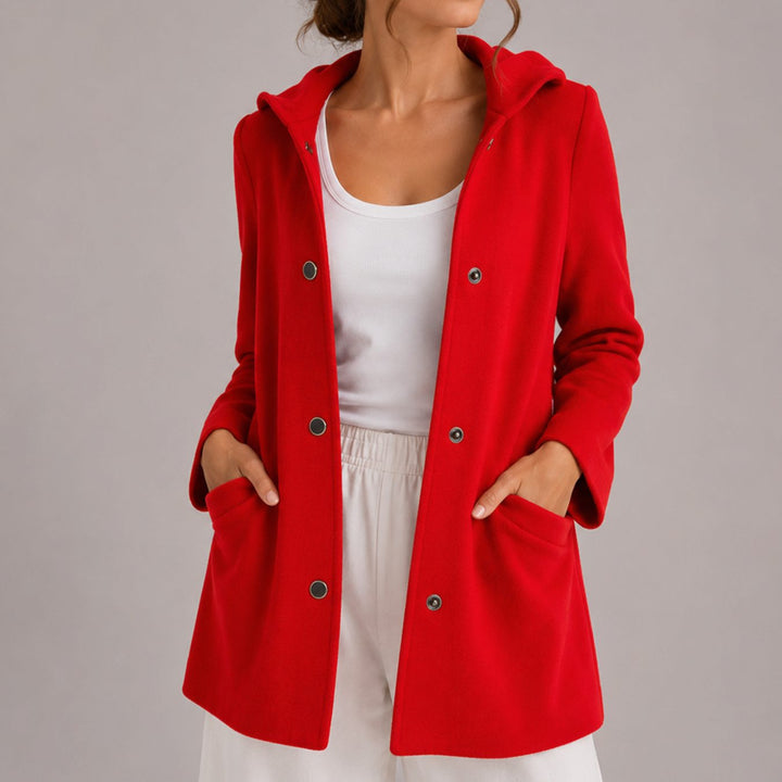 Women's Relaxed-Fit Hooded Button-Up Cardigan with Pockets - Red