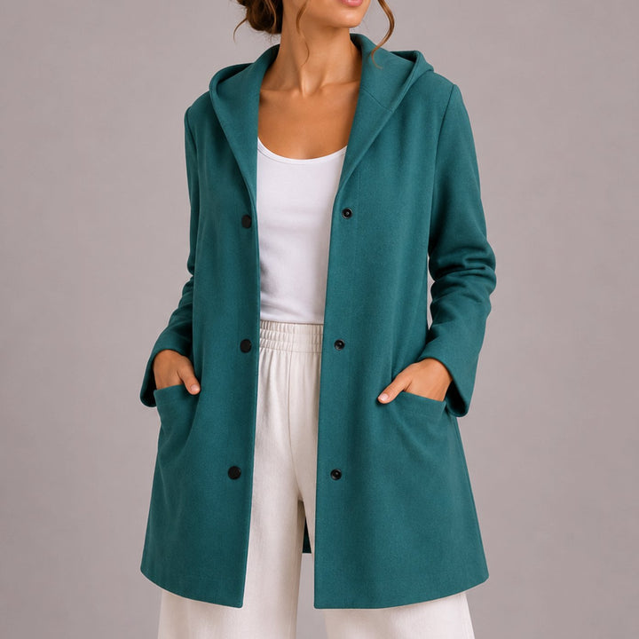 Women's Relaxed-Fit Hooded Button-Up Cardigan with Pockets - Turquoise