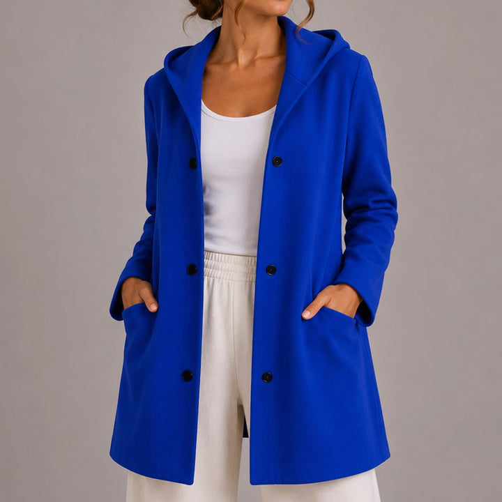 Women's Relaxed-Fit Hooded Button-Up Cardigan with Pockets - Blue