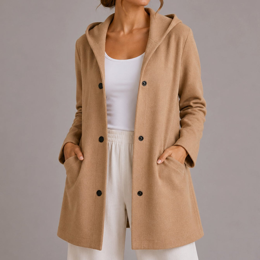 Women's Relaxed-Fit Hooded Button-Up Cardigan with Pockets - Beige