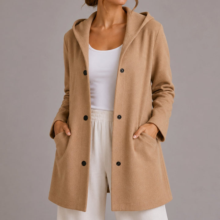 Women's Relaxed-Fit Hooded Button-Up Cardigan with Pockets - Beige