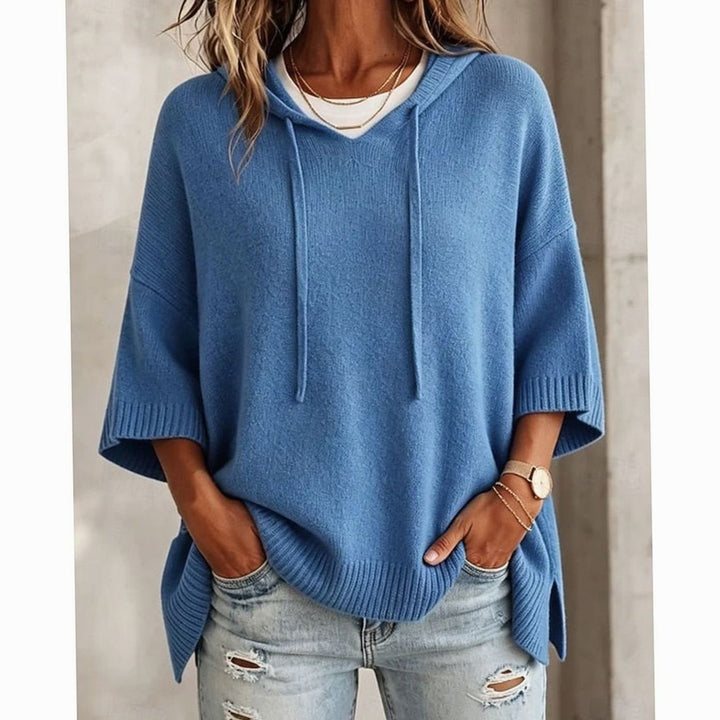 Women's Relaxed-Fit Hooded Drawstring Knit Sweater - Blue